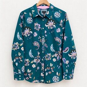 Talbots Womens Large Teal Floral Paisley Cotton Button Down Shirt Long Sleeve